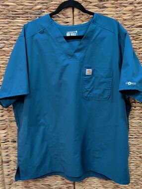 Carhartt Teal Blue Short Sleeve V Neck Scrub Top Modern Fit 2XL